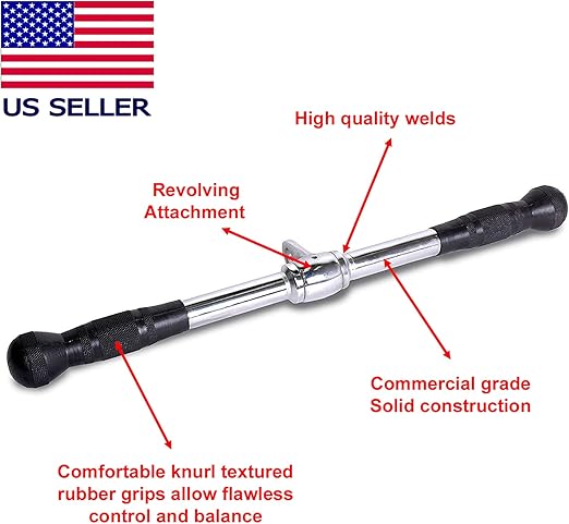 FITNESS MANIAC 20" Deluxe Straight Bar Cable Attachment with Rubber Handgrips Gym Weightlifting Accessories