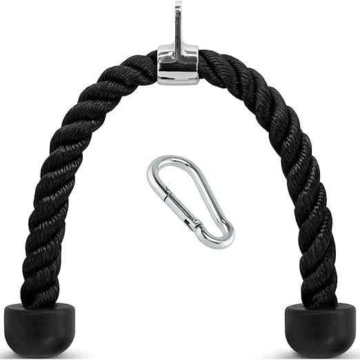 FITNESS MANIAC USA Deluxe Tricep Rope Cable Attachment 27 inch Black Color Exercise Machine Attachments Pulley System Gym Pull Down 27-Inch for Workouts with Carabiner