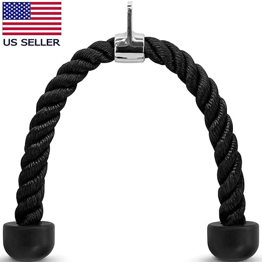 FITNESS MANIAC USA Deluxe Tricep Rope Cable Attachment 27 inch Black Color Exercise Machine Attachments Pulley System Gym Pull Down 27-Inch for Workouts with Carabiner