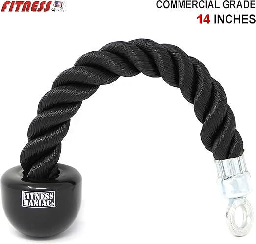 FITNESS MANIAC Tricep Rope Single Grip Pull Down Bicep Cable Attachment Exercises Black Nylon 14" Commercial Class