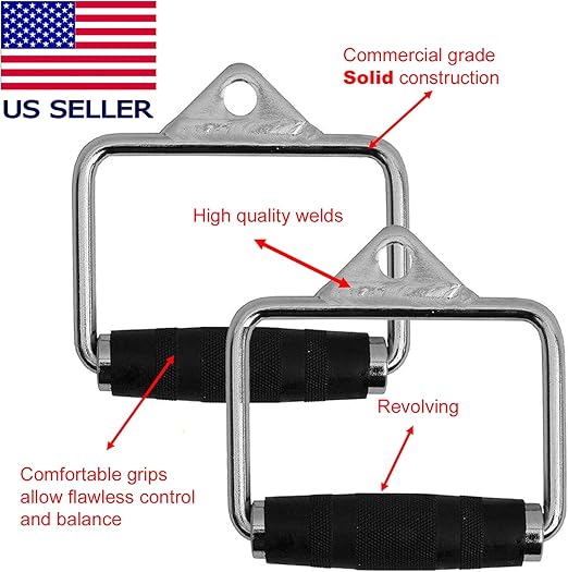 FITNESS MANIAC USA D Handle Cable Attachment, Pair, Exercise Machine Attachments with Rubber Handgrips Chrome, Stainless Steel Gym Machine Handles