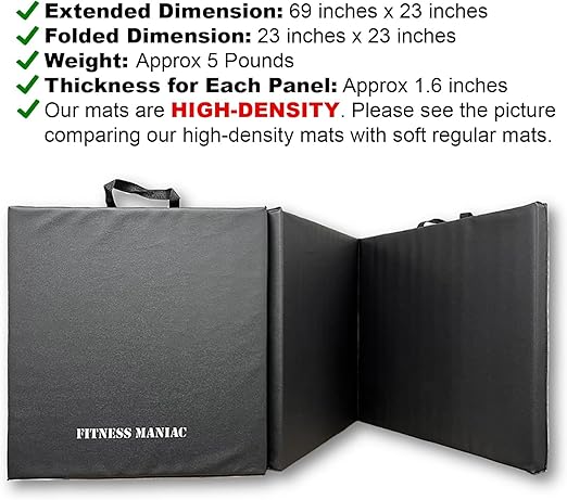 Tri-Fold Folding Thick Exercise Mat with Carrying Handles for Tumbling MMA Core Black