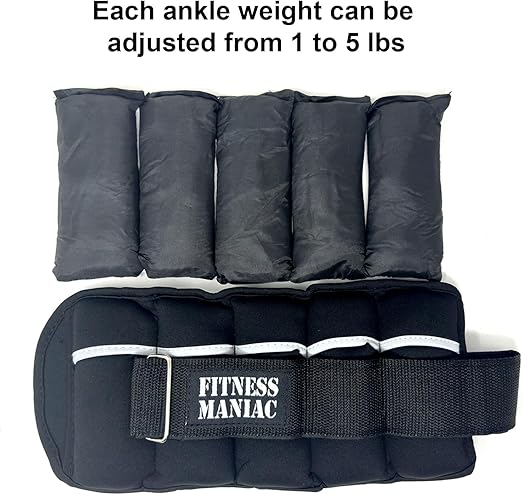 Adjustable Ankle Weights Pair Men & Women 10 lbs Total Weight, 1-5 lbs Per Ankle