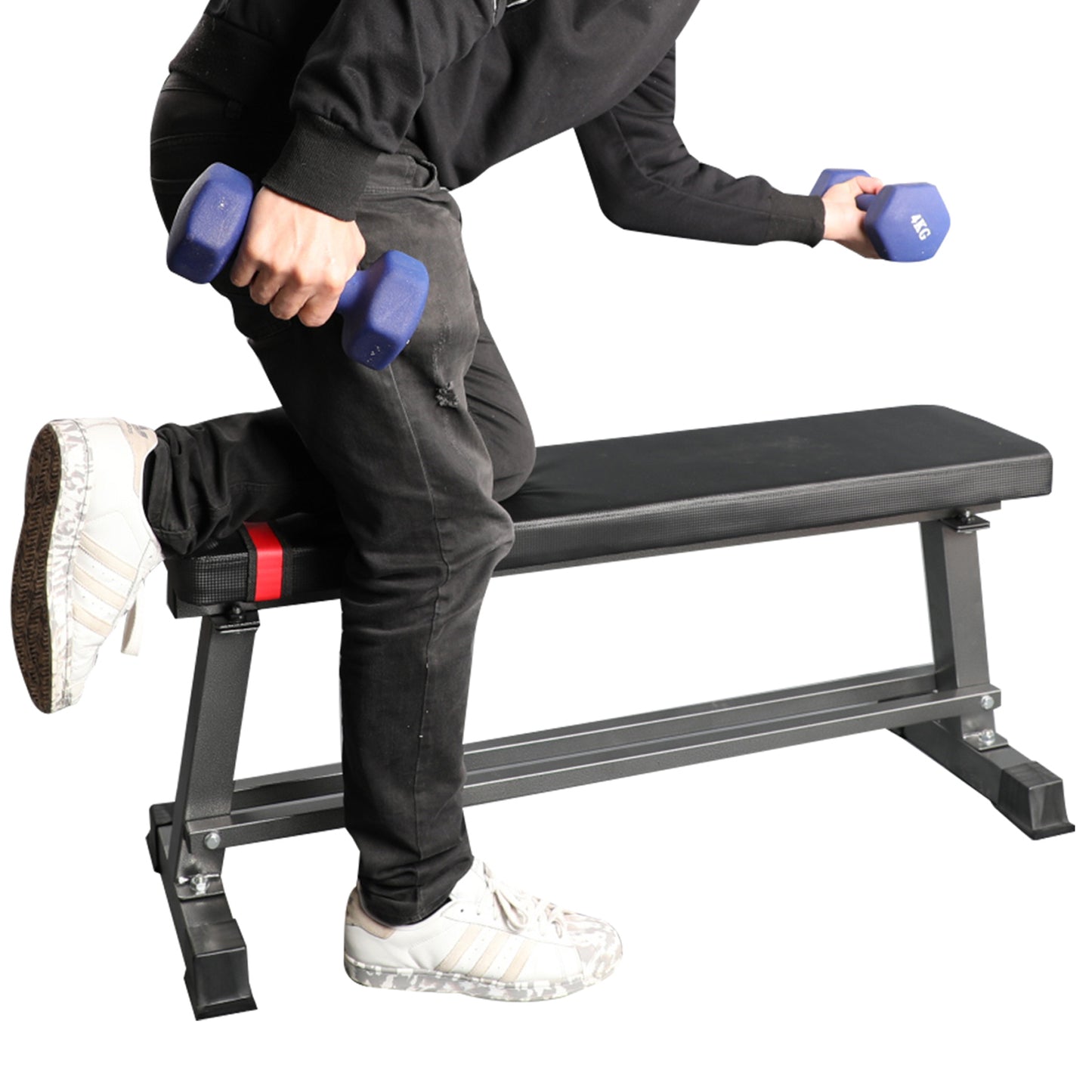 Flat Weight Bench with Built-in Dumbbell Rack Workout Bench Strength Training Bench Press for Home Gym Black