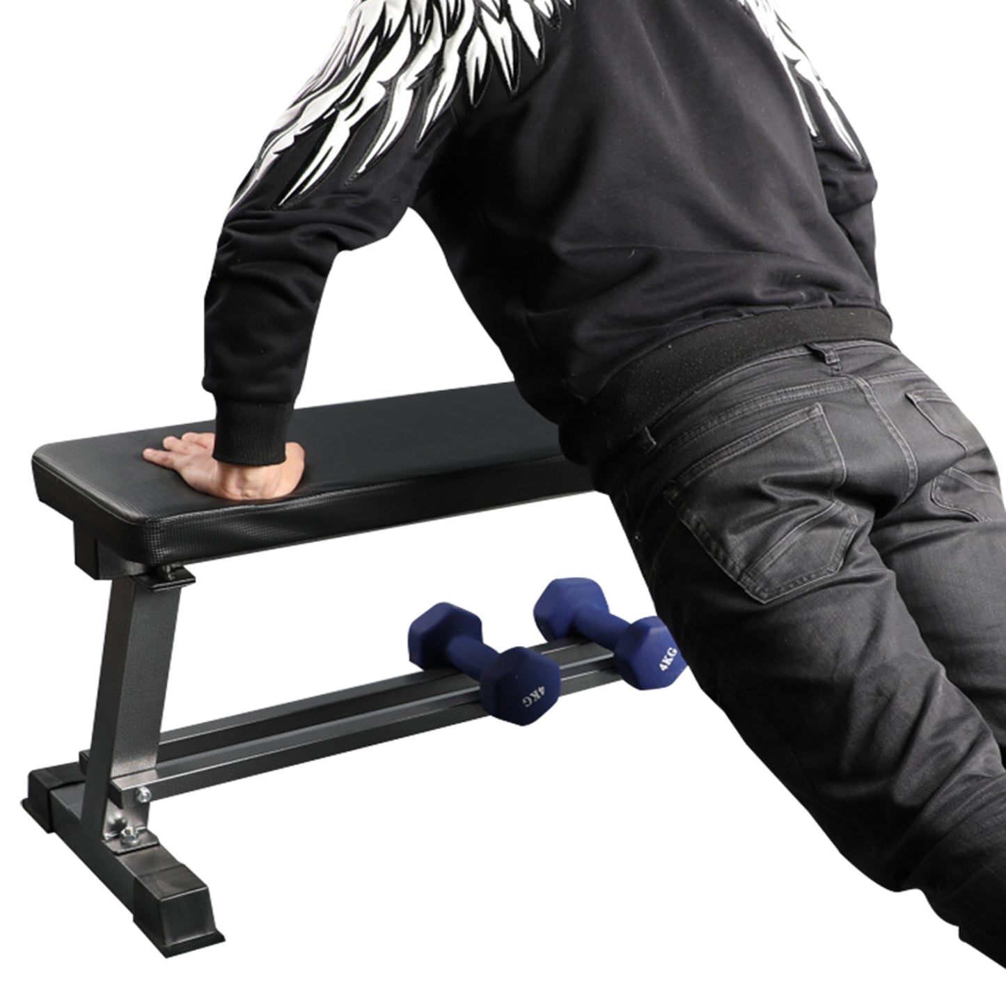 Flat Weight Bench with Built-in Dumbbell Rack Workout Bench Strength Training Bench Press for Home Gym Black