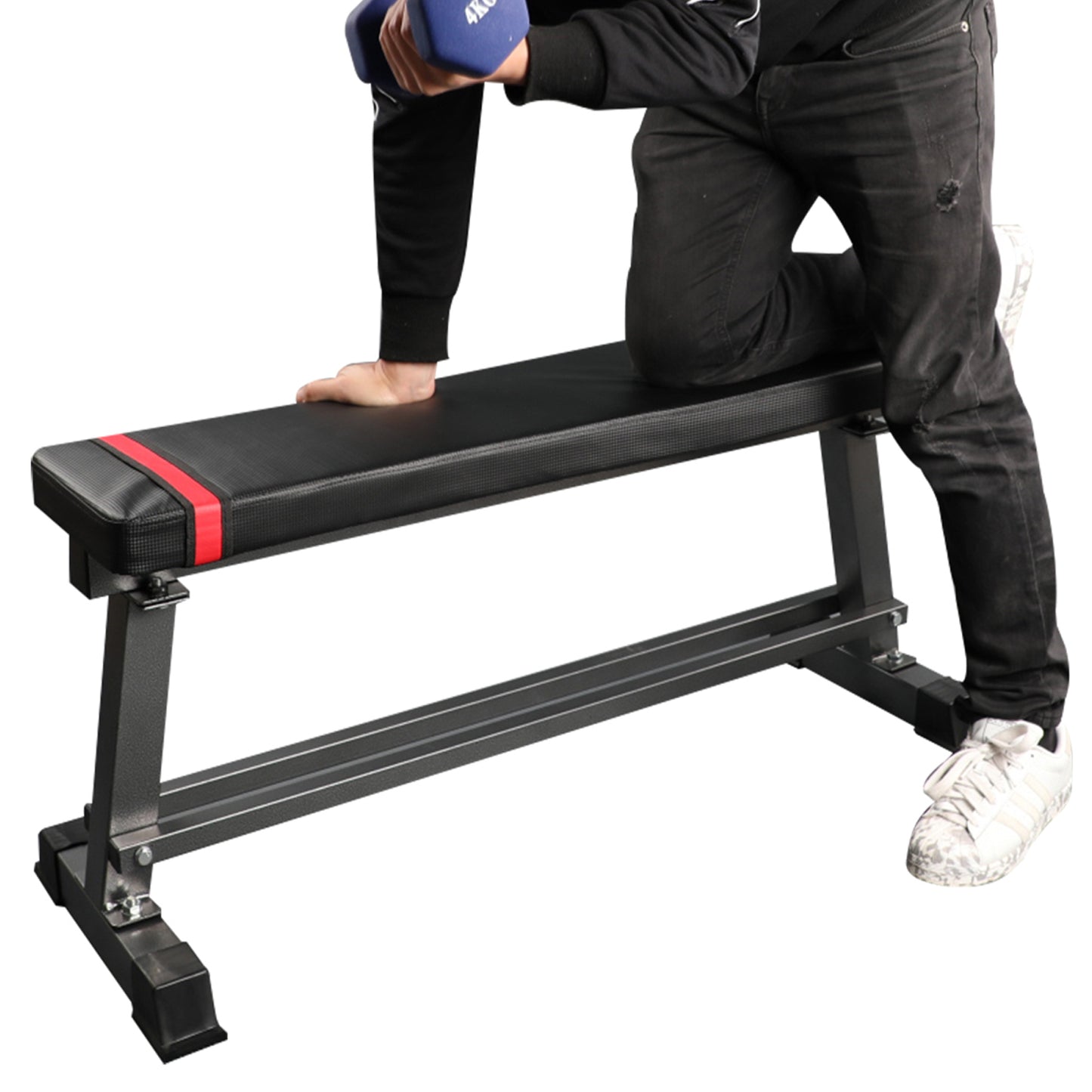 Flat Weight Bench with Built-in Dumbbell Rack Workout Bench Strength Training Bench Press for Home Gym Black