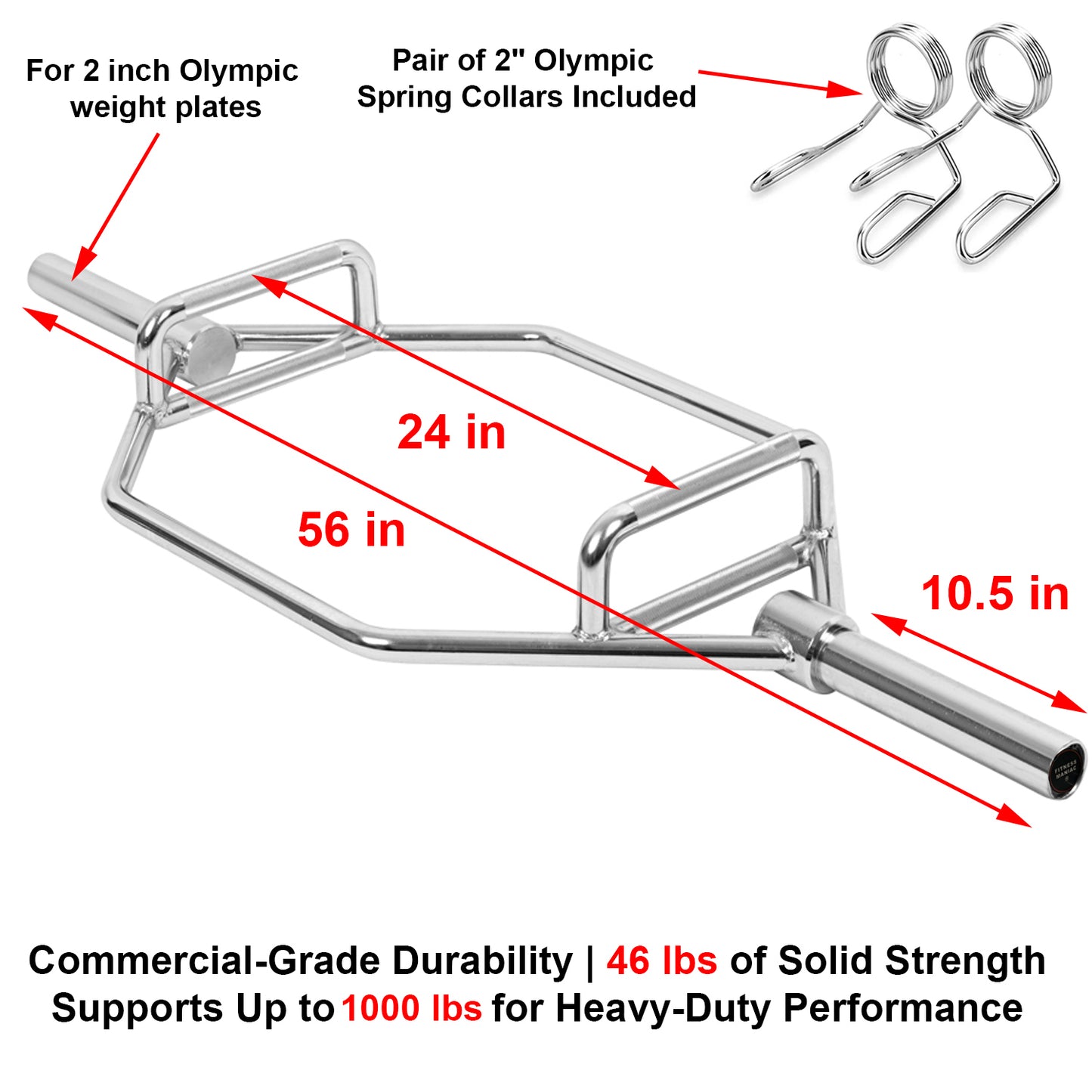 Commercial Grade Olympic 2in Hex Trap Bar, Weightlifting Deadlift Squat Barbell