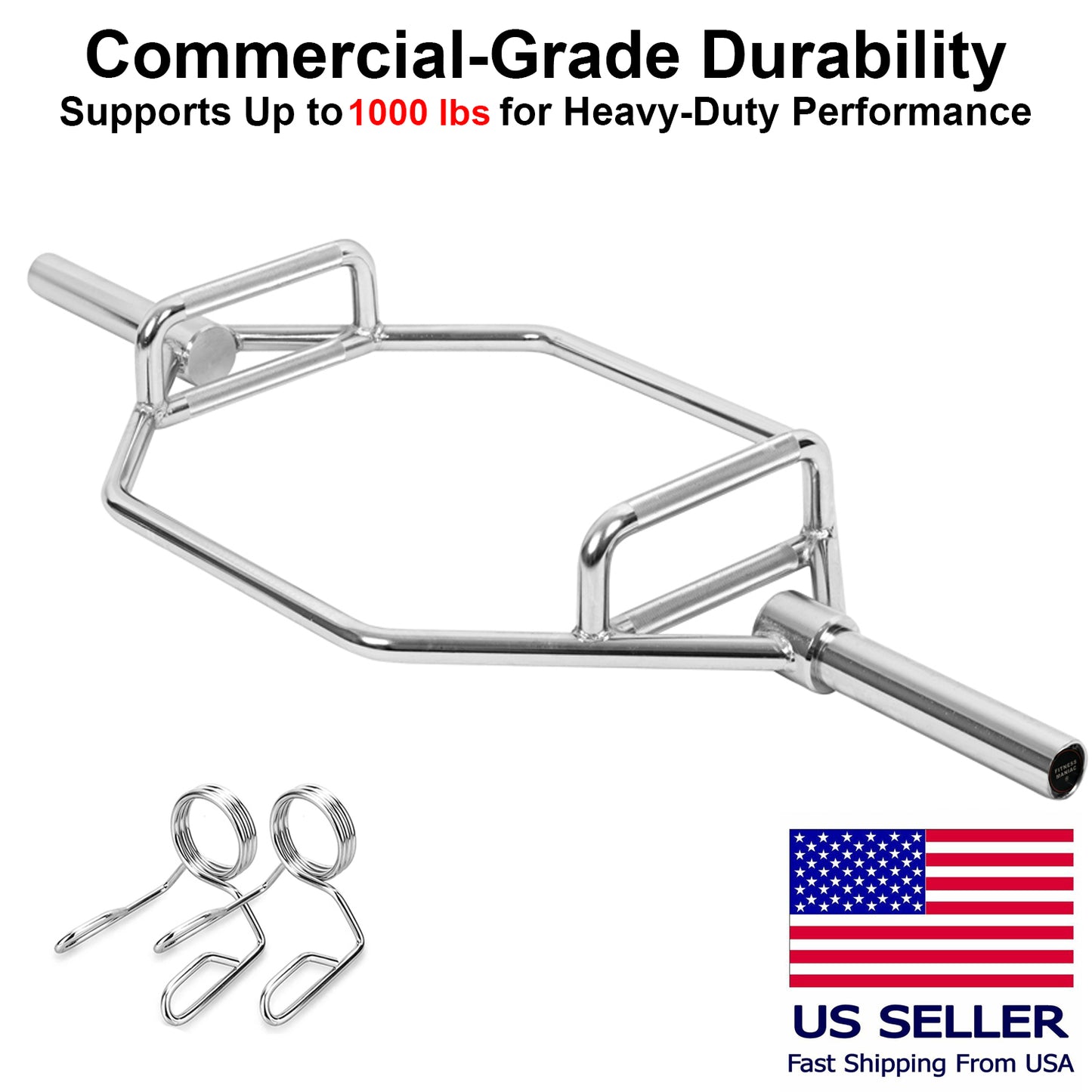 Commercial Grade Olympic 2in Hex Trap Bar, Weightlifting Deadlift Squat Barbell