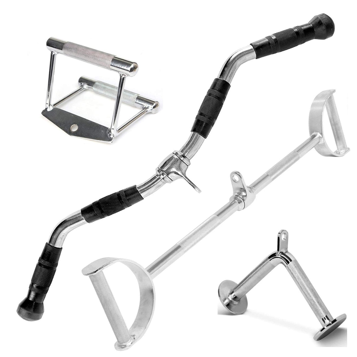 FITNESS MANIAC 28" Chrome LAT Bar Combo Tricep Press Down Cable Attachment Set | Double D Handle, V-Shaped Bar, Rotating Straight Bar