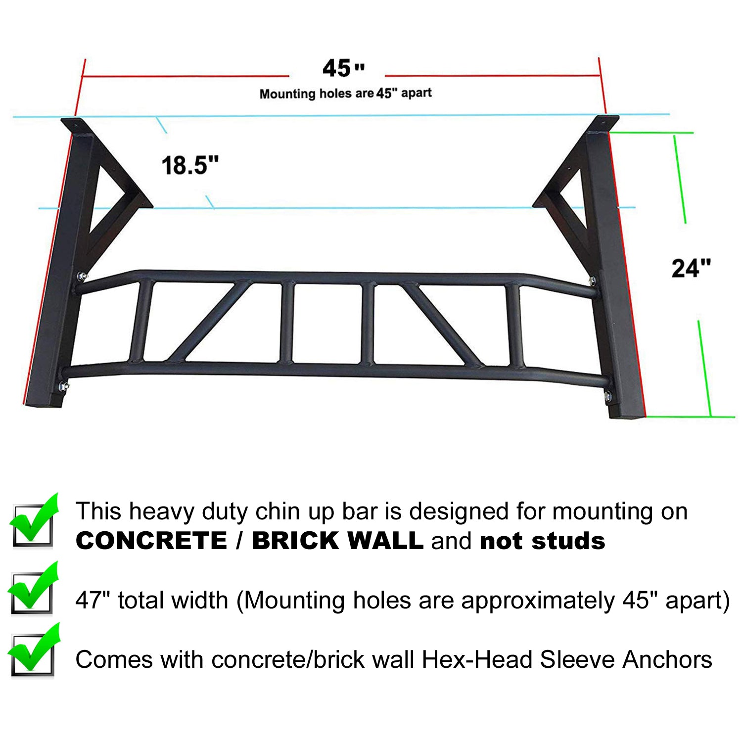 Fitness Wall Mounted Pull Up Bar Best Multi Grip Station Chin Mount for Commercial and Garage Gym Straight Pullup Chin Bars Home Exercise Workout