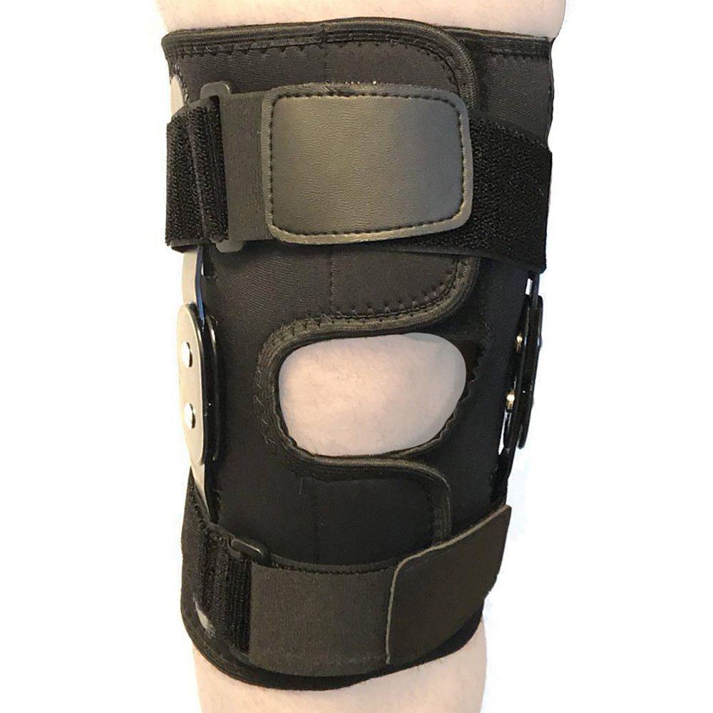Fitness Maniac Hinged Knee Brace Adjustable Black Wraparound Open Patella Support Neoprene Wrap Large XL